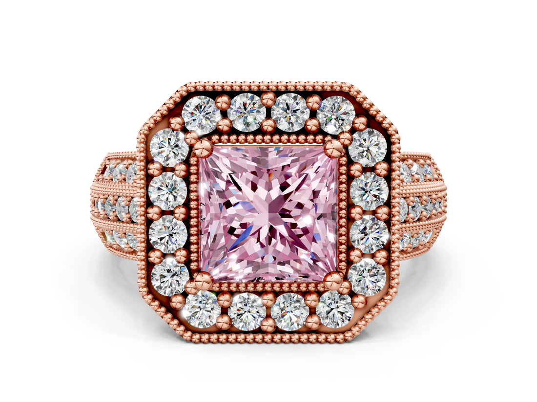 Rose gold Fancy Pink Princess Cut Halo Diamond Engagement Ring with Pave Split Shank and Four-Prong Setting_12