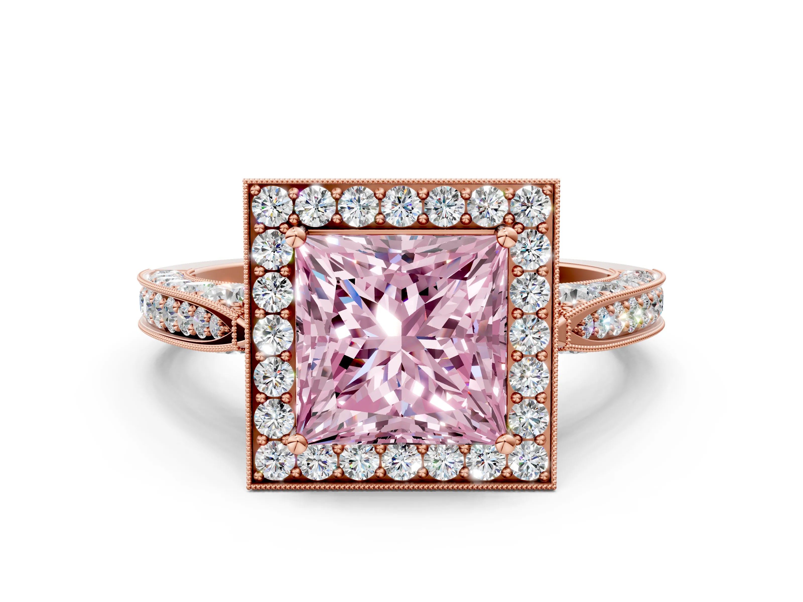 Rose gold Fancy Pink Princess Cut Halo Diamond Engagement Ring with Split Shank Band and Four-Prong Setting