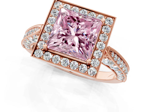 Rose gold Fancy Pink Princess Cut Halo Diamond Engagement Ring with Split Shank Band and Four-Prong Setting_1