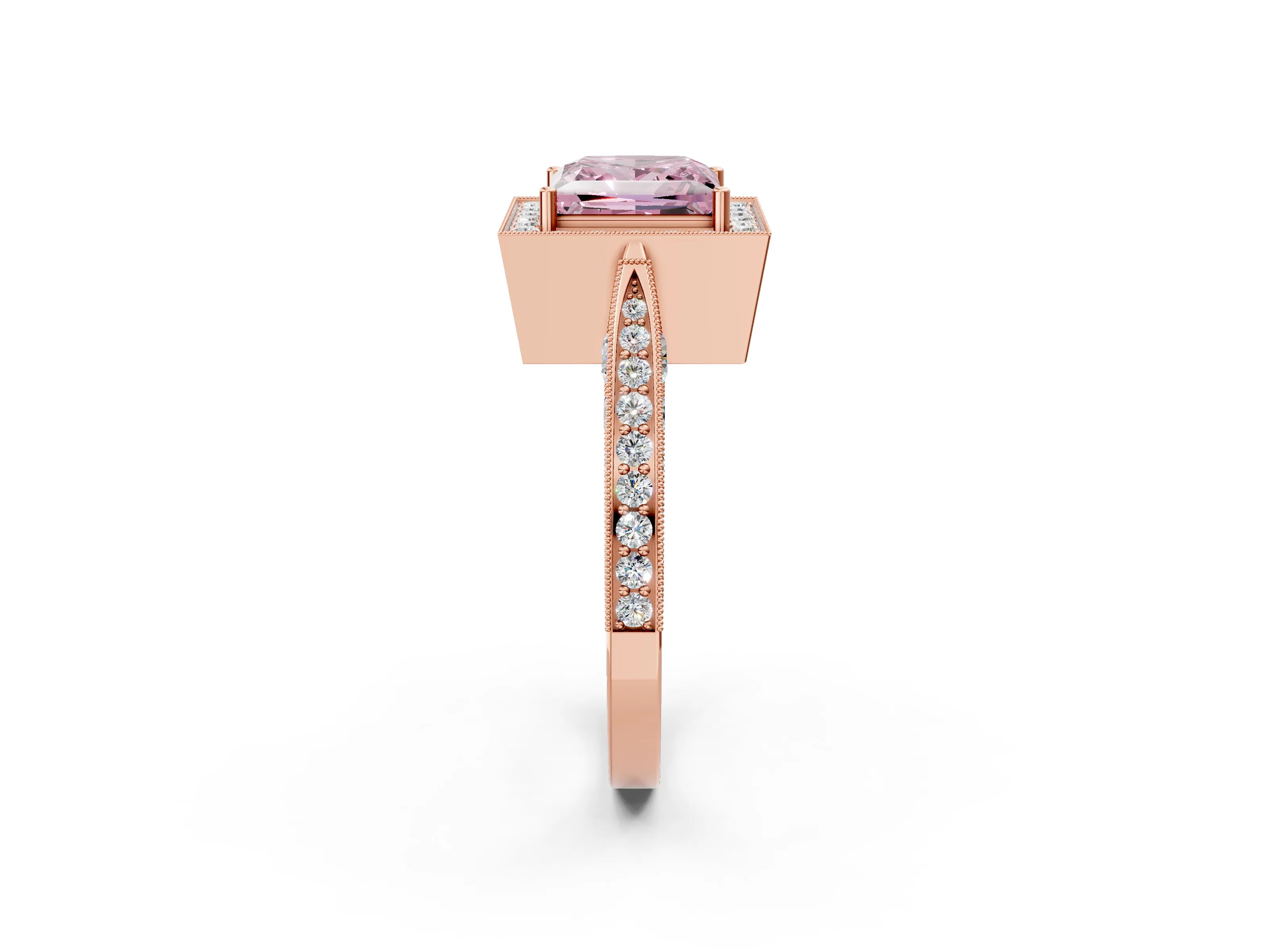 Rose gold Fancy Pink Princess Cut Halo Diamond Engagement Ring with Split Shank Band and Four-Prong Setting_2