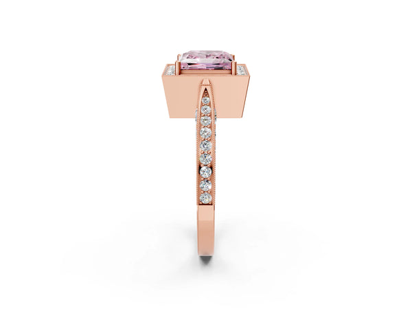 Rose Gold Princess Cut Milgrain Halo Engagement Ring Setting for Fancy Pink Center with Pave