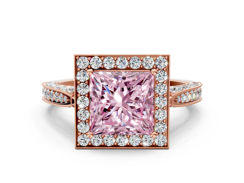 Rose gold Fancy Pink Princess Cut Halo Diamond Engagement Ring with Split Shank Band and Four-Prong Setting