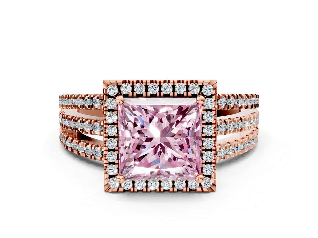 Rose gold Fancy Pink Princess  Cut Halo Diamond Engagement Ring with Split Shank and Four-Prong Setting