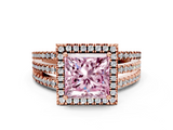 Rose gold Fancy Pink Princess  Cut Halo Diamond Engagement Ring with Split Shank and Four-Prong Setting