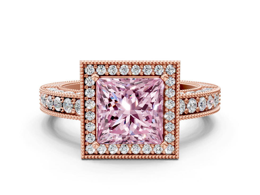 Rose gold Fancy Pink Princess  Cut Halo Diamond Pave Band Ring with Four-Prong Setting