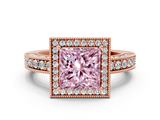 Rose gold Fancy Pink Princess  Cut Halo Diamond Pave Band Ring with Four-Prong Setting