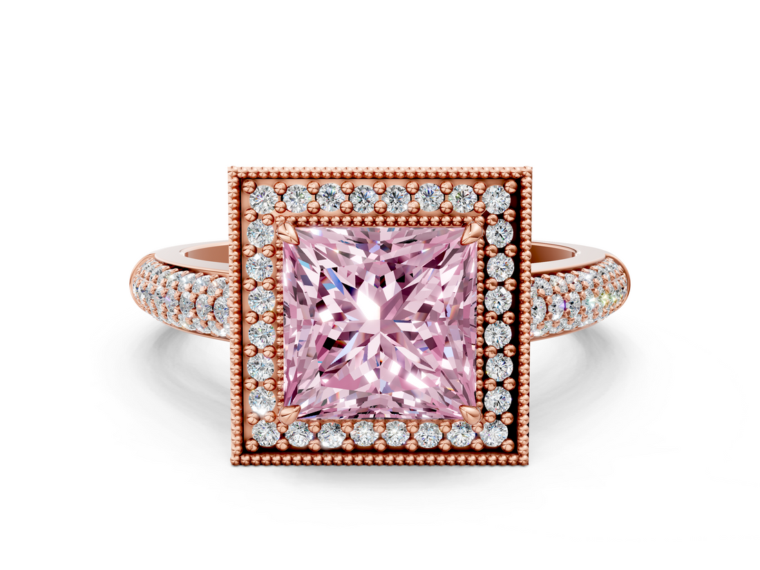 Rose gold Fancy Pink Princess  Cut Halo Diamond Pave Band with Four-Prong Setting