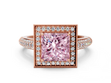 Rose gold Fancy Pink Princess  Cut Halo Diamond Pave Band with Four-Prong Setting