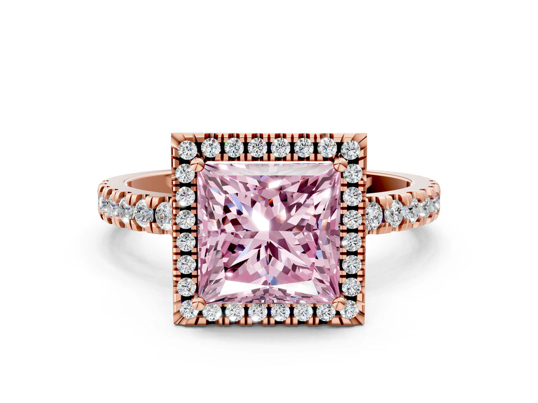 Rose gold Fancy Pink Princess Cut Halo Diamond Pave Band with Prong Setting