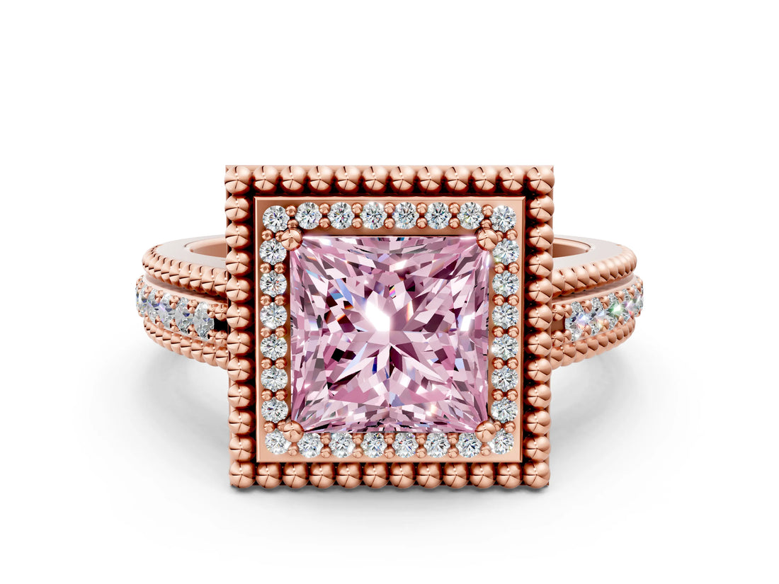Rose gold Fancy Pink Princess Cut Halo Diamond Ring with Beaded Split Shank and Four-Prong Setting