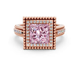 Rose gold Fancy Pink Princess Cut Halo Diamond Ring with Beaded Split Shank and Four-Prong Setting