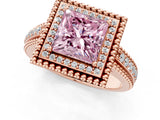 Rose gold Fancy Pink Princess Cut Halo Diamond Ring with Beaded Split Shank and Four-Prong Setting_1