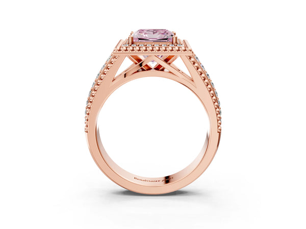 Rose Gold Princess Cut Beaded Halo Engagement Ring Setting for Fancy Pink Center with Pave