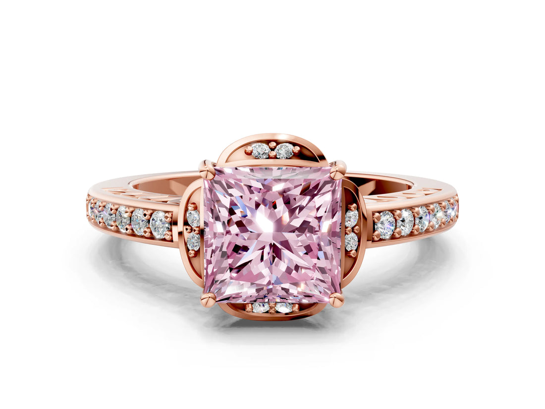 Rose gold Fancy Pink Princess  Cut Halo Diamond Ring with Channel Set Band and Four-Prong Setting_29