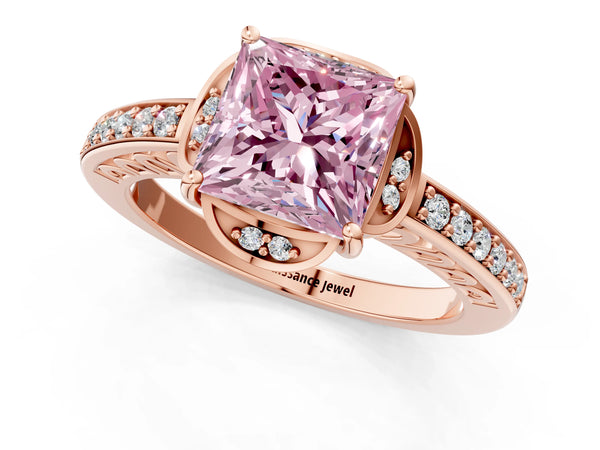 Rose gold Fancy Pink Princess  Cut Halo Diamond Ring with Channel Set Band and Four-Prong Setting
