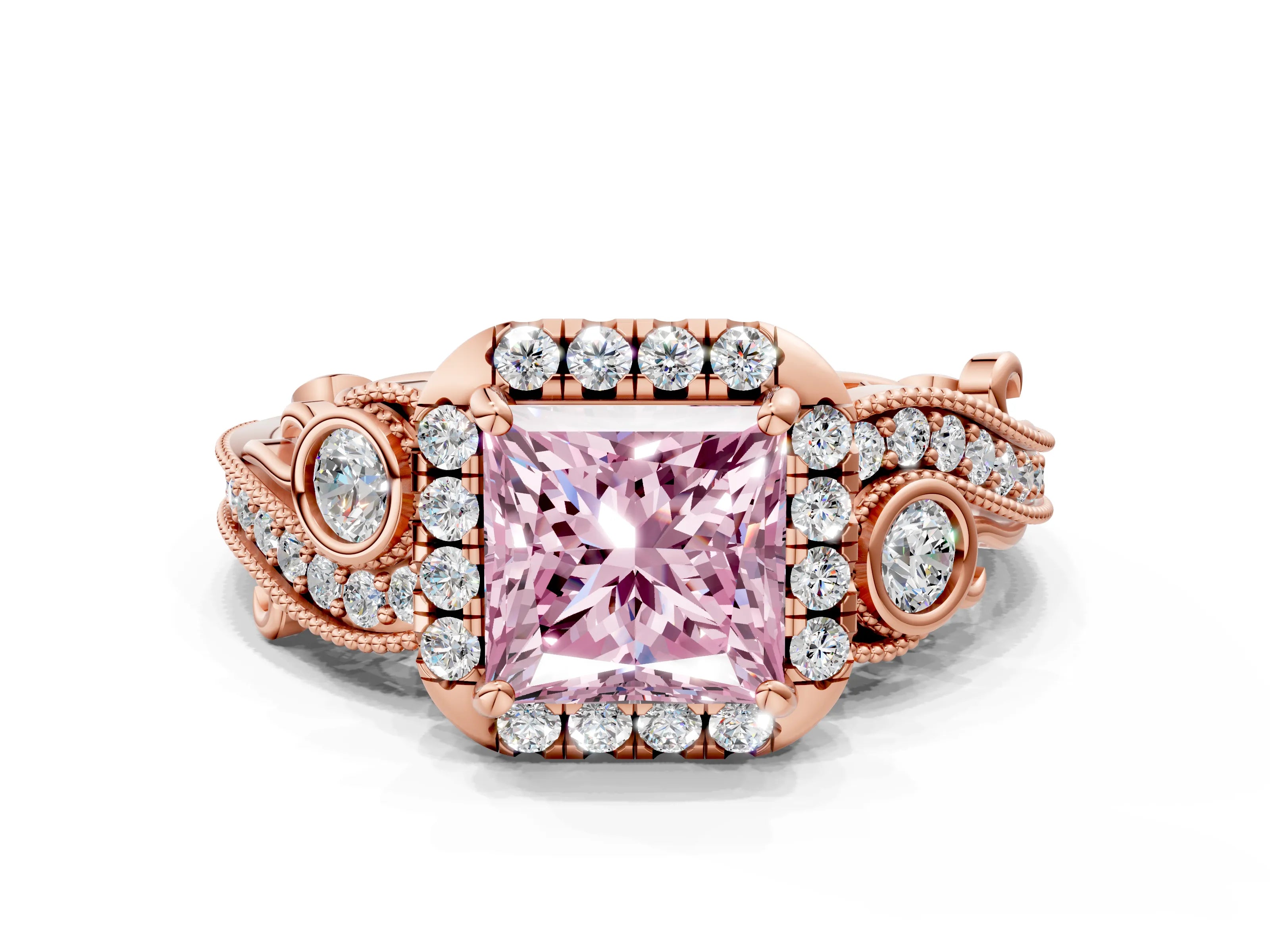 Rose gold Fancy Pink Princess Cut Halo Diamond Ring with Milgrain and Bezel Accents on a Split Shank Band