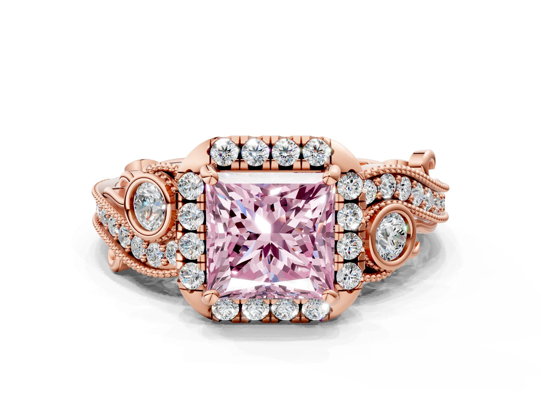 Rose gold Fancy Pink Princess Cut Halo Diamond Ring with Milgrain and Bezel Accents on a Split Shank Band_12