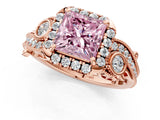 Rose gold Fancy Pink Princess Cut Halo Diamond Ring with Milgrain and Bezel Accents on a Split Shank Band_13