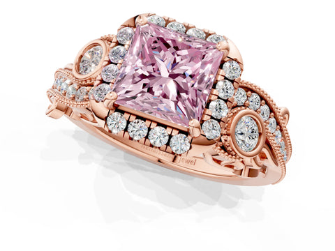 Rose gold Fancy Pink Princess Cut Halo Diamond Ring with Milgrain and Bezel Accents on a Split Shank Band_1
