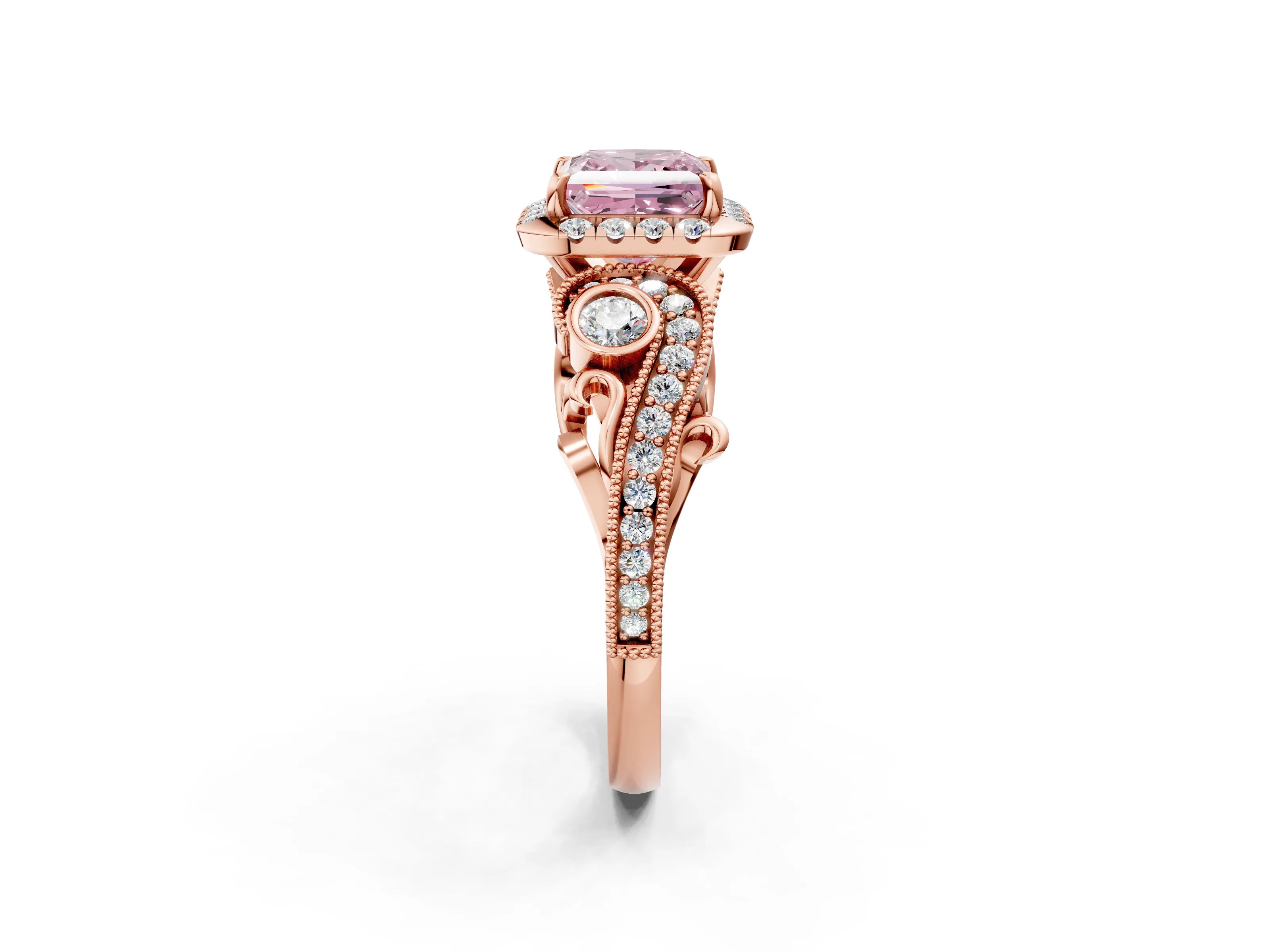 Rose gold Fancy Pink Princess Cut Halo Diamond Ring with Milgrain and Bezel Accents on a Split Shank Band_2