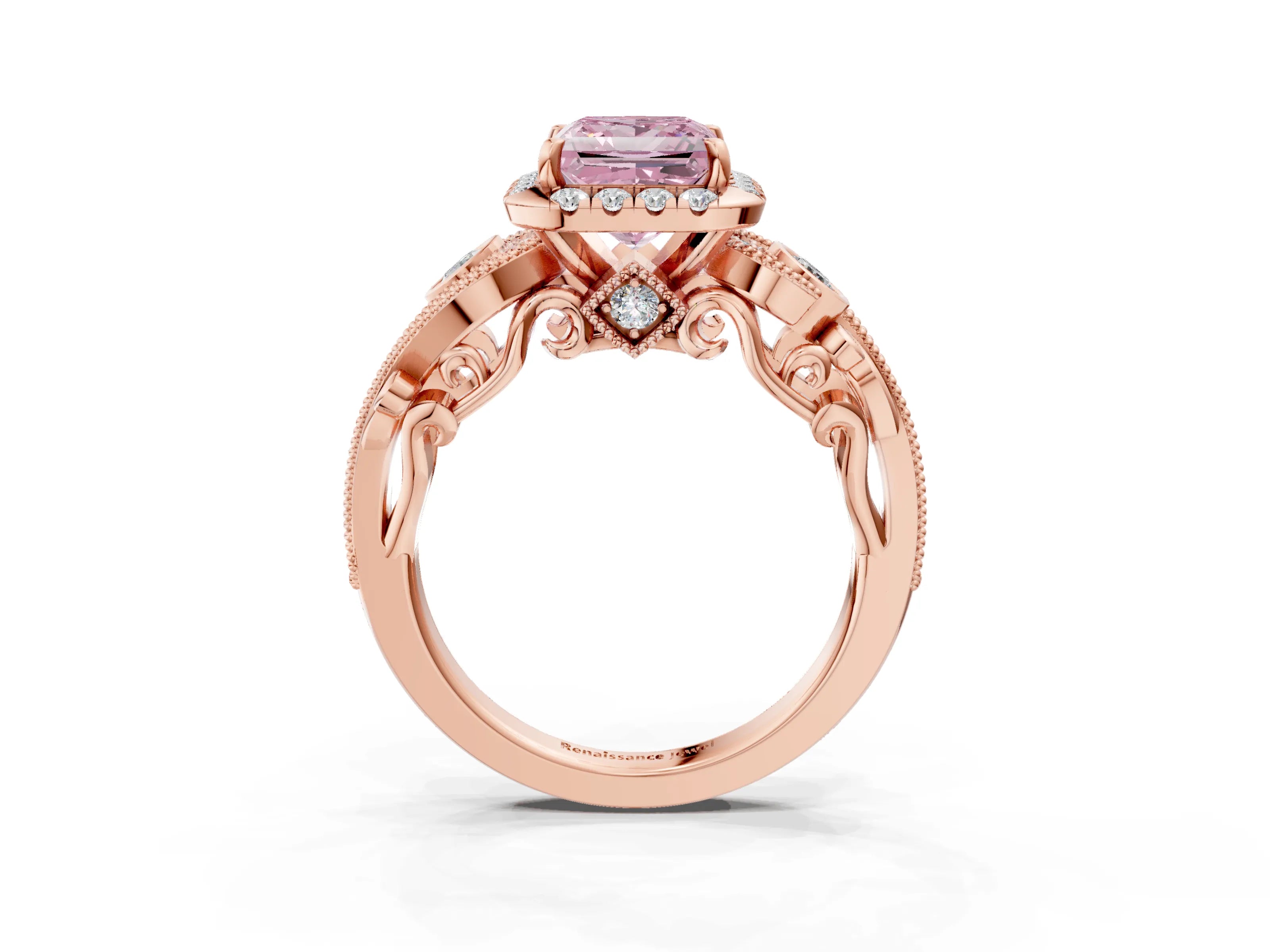 Rose gold Fancy Pink Princess Cut Halo Diamond Ring with Milgrain and Bezel Accents on a Split Shank Band_3