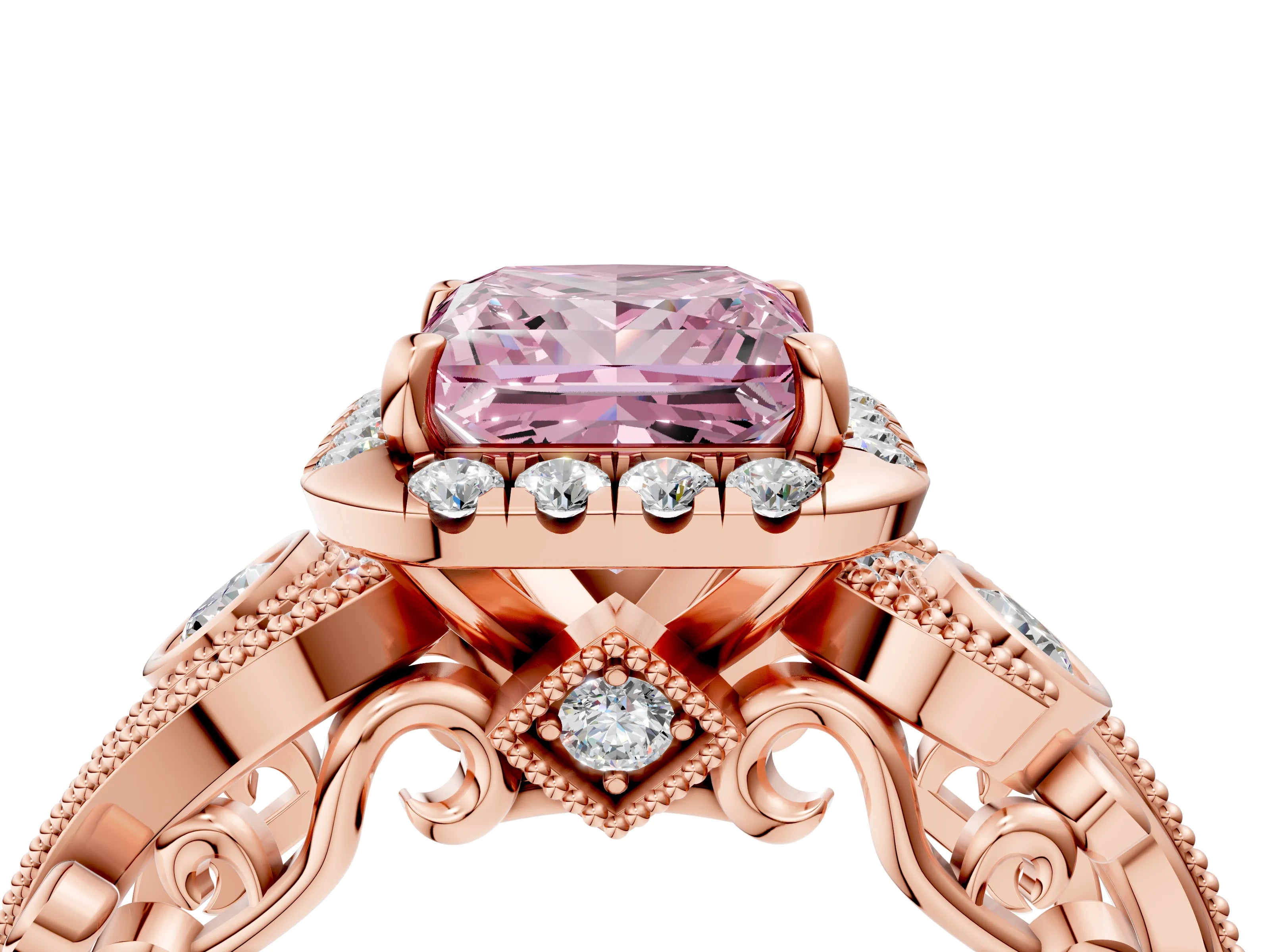 Rose gold Fancy Pink Princess Cut Halo Diamond Ring with Milgrain and Bezel Accents on a Split Shank Band_4