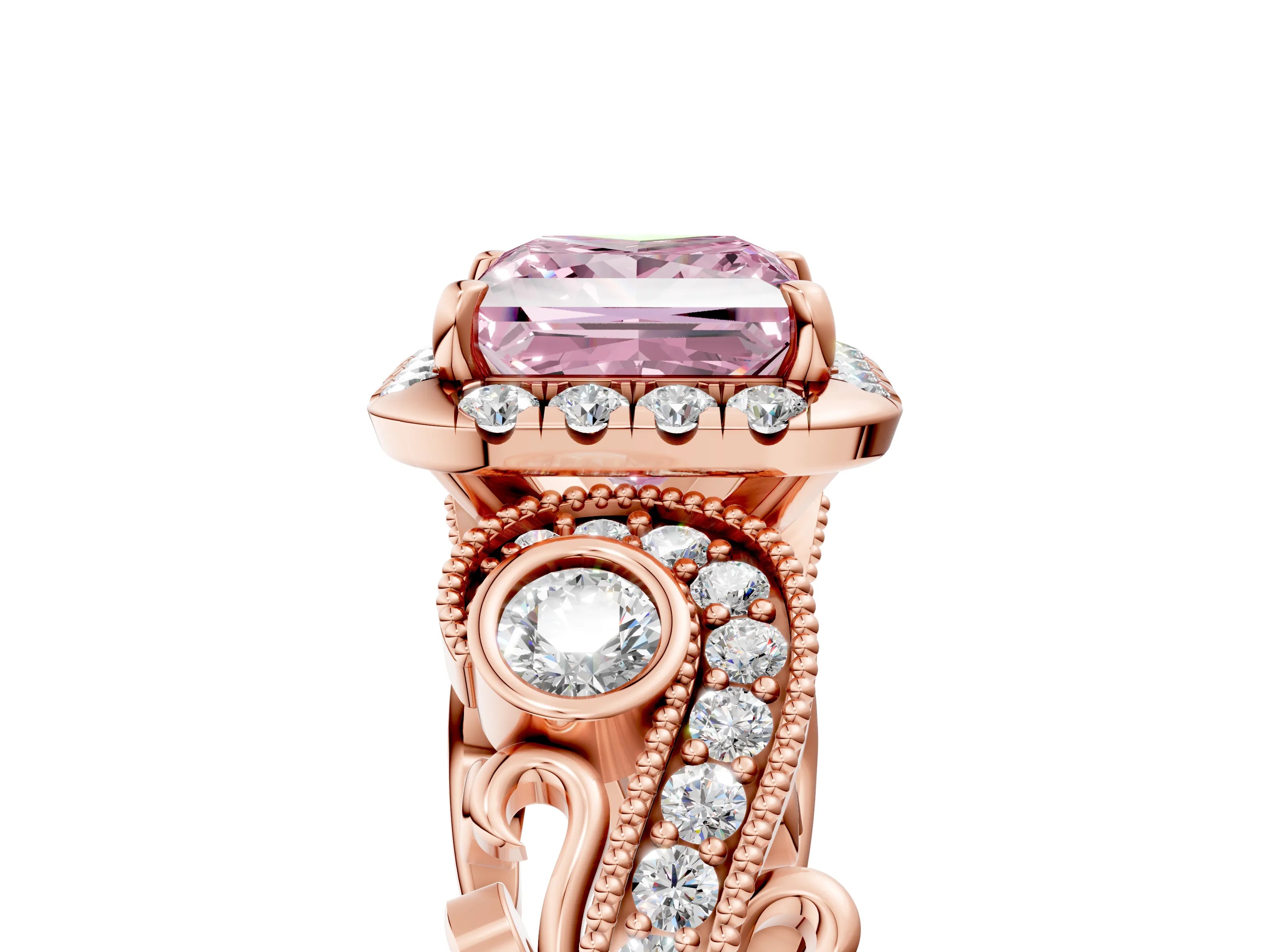 Rose gold Fancy Pink Princess Cut Halo Diamond Ring with Milgrain and Bezel Accents on a Split Shank Band_5