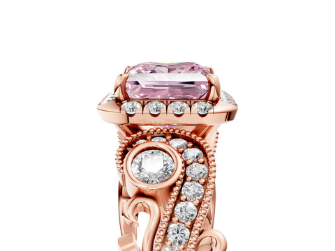 Rose gold Fancy Pink Princess Cut Halo Diamond Ring with Milgrain and Bezel Accents on a Split Shank Band_5