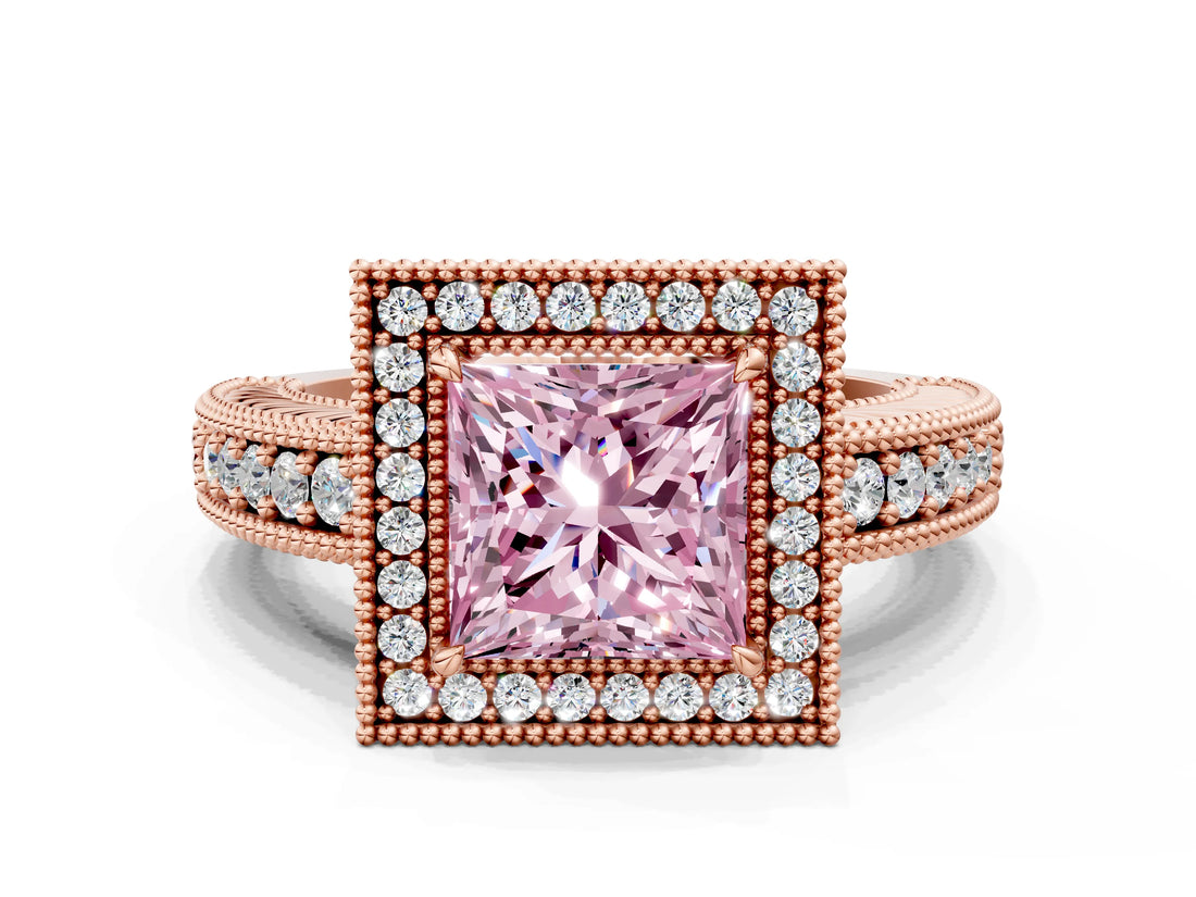 Rose gold Fancy Pink Princess  Cut Halo Diamond Ring with Pavé Band and Four-Prong Setting_29