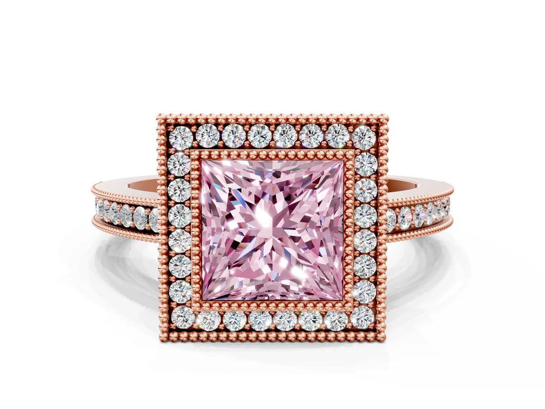 Rose gold Fancy Pink Princess  Cut Halo Diamond Ring with Pavé Band and Milgrain Prong Setting_31