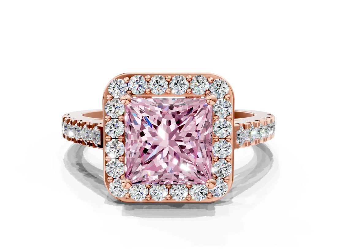 Rose gold Fancy Pink Princess Cut Halo Diamond Ring with Pavé Band and Three-Prong Setting
