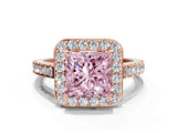 Rose gold Fancy Pink Princess Cut Halo Diamond Ring with Pavé Band and Three-Prong Setting