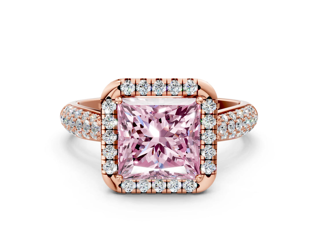 Rose gold Fancy Pink Princess Cut Halo Diamond Ring with Pavé Band