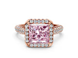 Rose gold Fancy Pink Princess Cut Halo Diamond Ring with Pavé Band