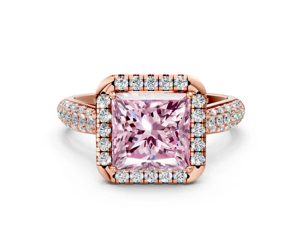 Rose gold Fancy Pink Princess Cut Halo Diamond Ring with Pavé Band