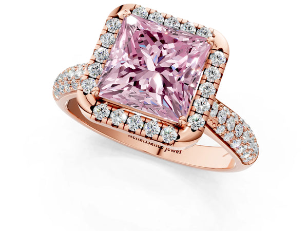 Rose gold Fancy Pink Princess Cut Halo Diamond Ring with Pavé Band