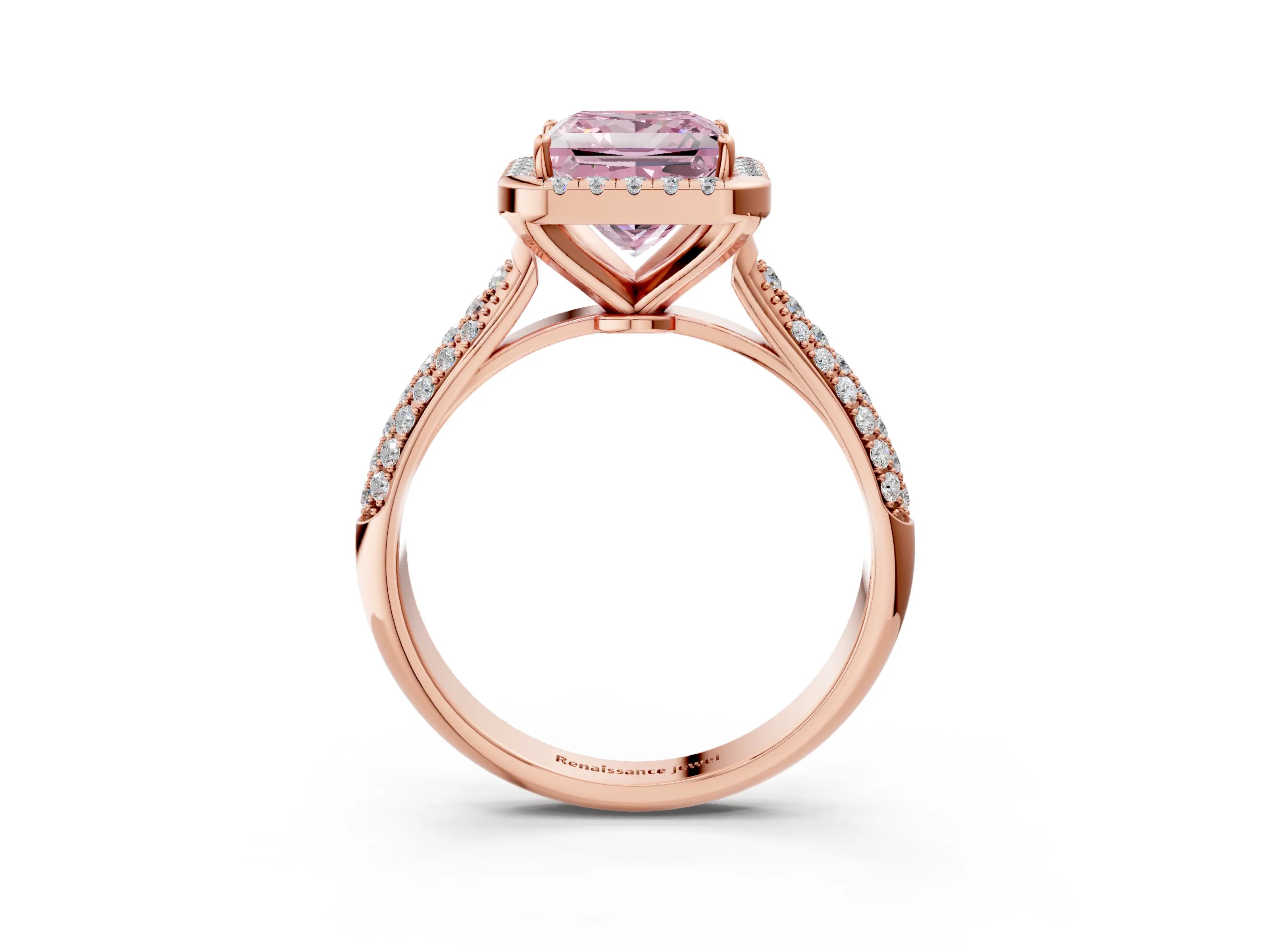 Rose gold Fancy Pink Princess Cut Halo Diamond Ring with Pavé Band_3