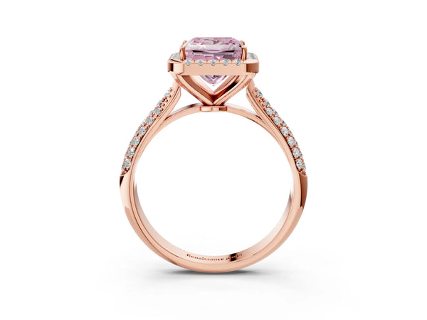 Rose gold Fancy Pink Princess Cut Halo Diamond Ring with Pavé Band