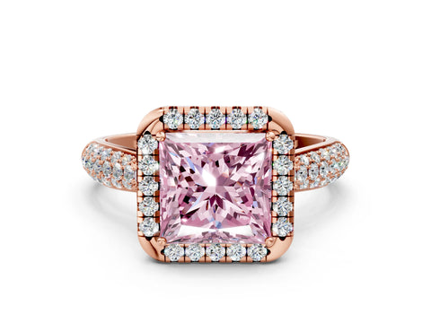 Rose gold Fancy Pink Princess Cut Halo Diamond Ring with Pavé Band