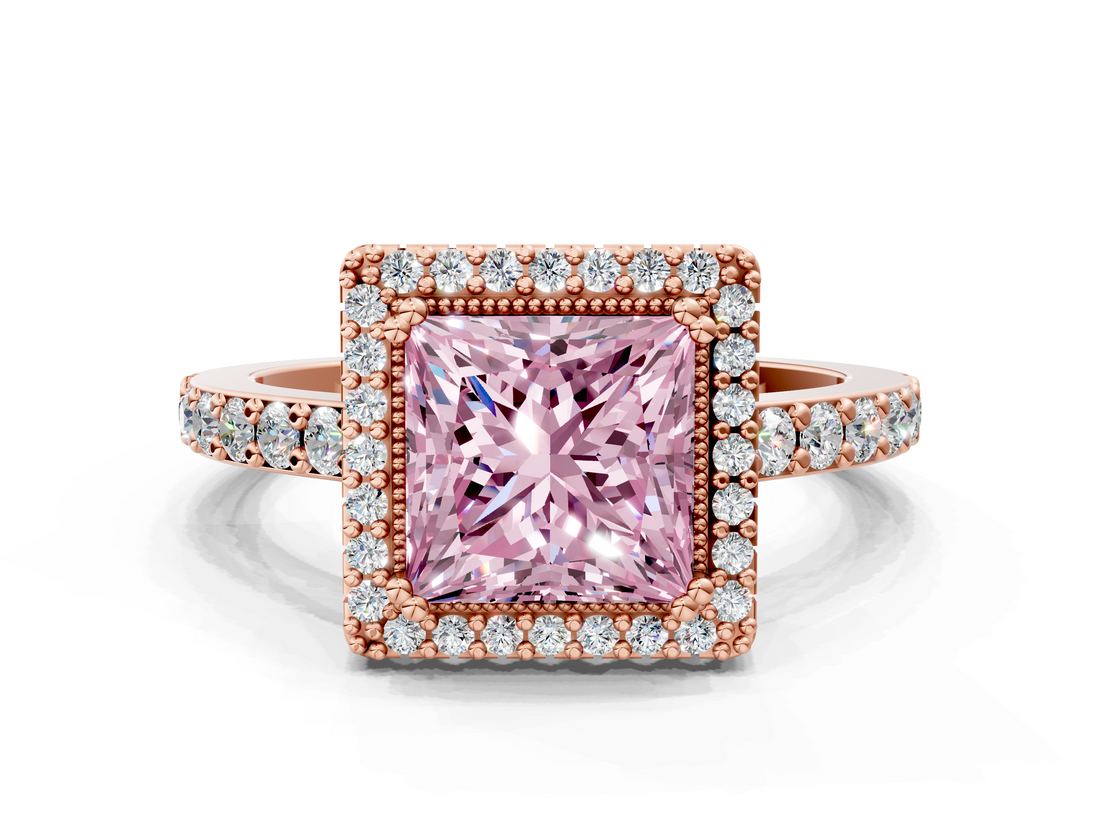 Rose gold Fancy Pink Princess  Cut Halo Diamond Ring with Pave Band and Four-Prong Setting