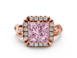 Rose gold Fancy Pink Princess  Cut Halo Diamond Ring with Scrollwork Band and Four-Prong Setting