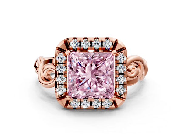 Rose gold Fancy Pink Princess  Cut Halo Diamond Ring with Scrollwork Band and Four-Prong Setting