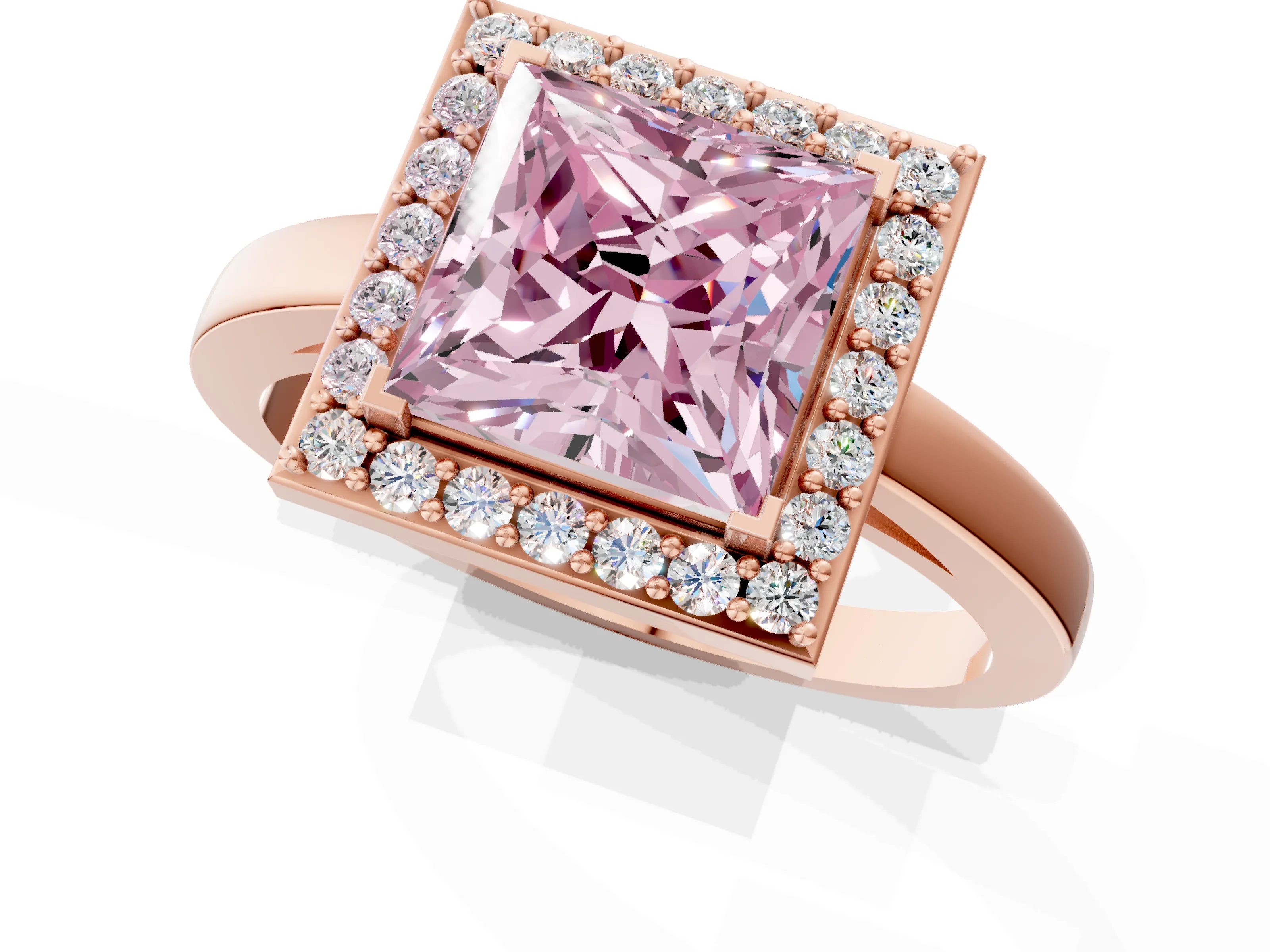 Rose gold Fancy Pink Princess Cut Halo Diamond Ring with Solitaire Band and Prong Setting_1