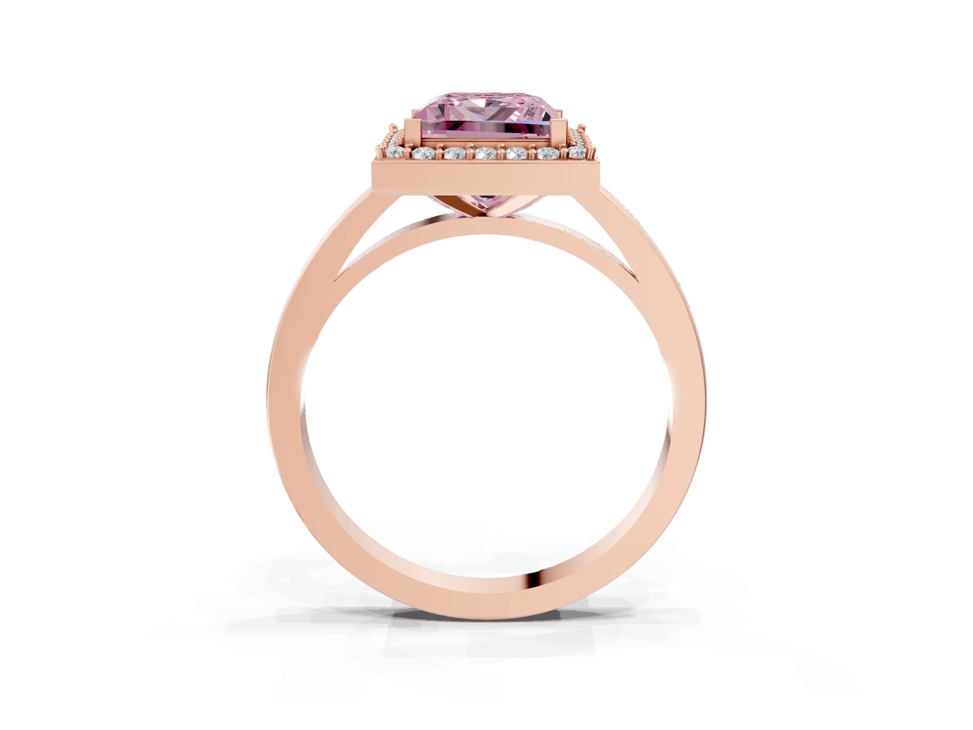 Rose gold Fancy Pink Princess Cut Halo Diamond Ring with Solitaire Band and Prong Setting_3