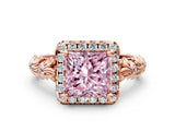 Rose gold Fancy Pink Princess Cut Halo Diamond Solitaire with Filigree Band and Four-Prong Setting_12