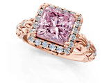 Rose gold Fancy Pink Princess Cut Halo Diamond Solitaire with Filigree Band and Four-Prong Setting_13