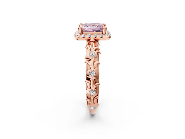 Rose Gold Princess Cut Halo Engagement Ring Setting for Fancy Pink Center with Leaf Band