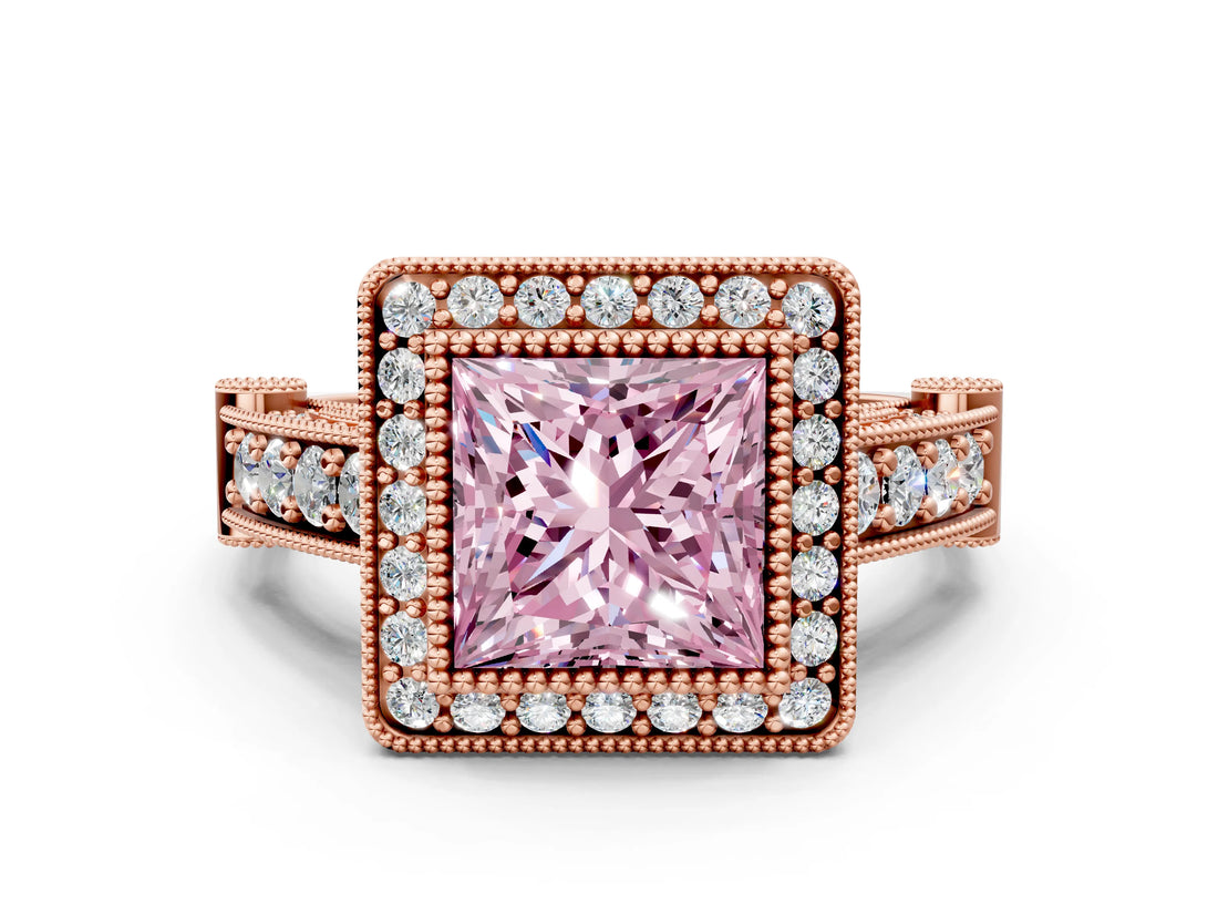 Rose gold Fancy Pink Princess Cut Halo Diamond Split Shank Pave Ring