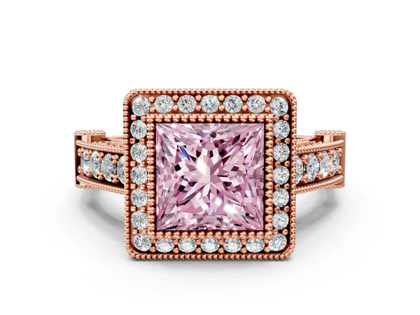 Rose Gold Princess Cut Vintage Bezel Halo Engagement Ring Setting for Fancy Pink Center