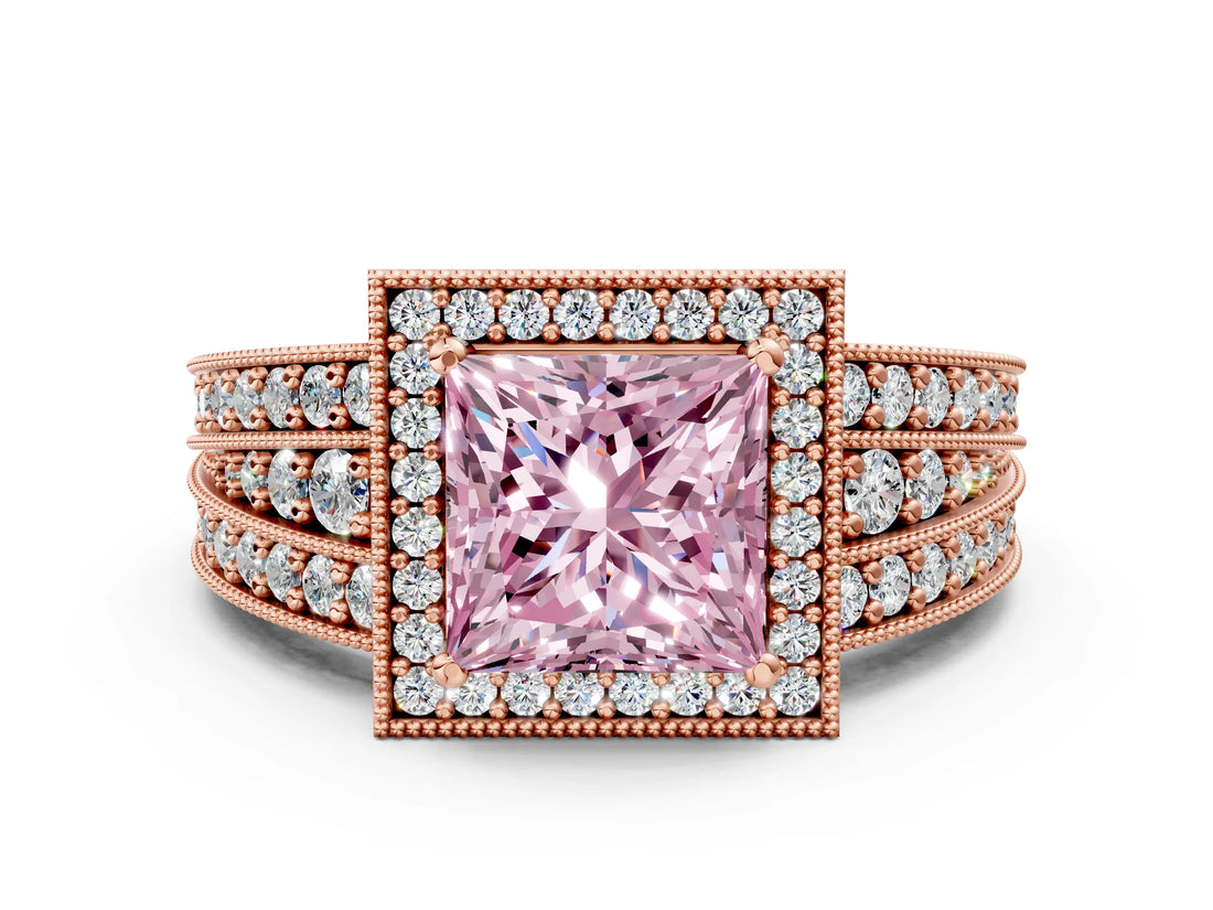 Rose gold Fancy Pink Princess Cut Halo Diamond Split Shank Ring with Prong Setting